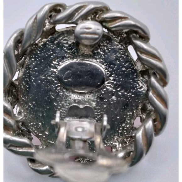 Vintage Earrings Pink Glass Cabochons Dome Clip-on Chunky Silvertone Bezel Set - Picture 5 of 7